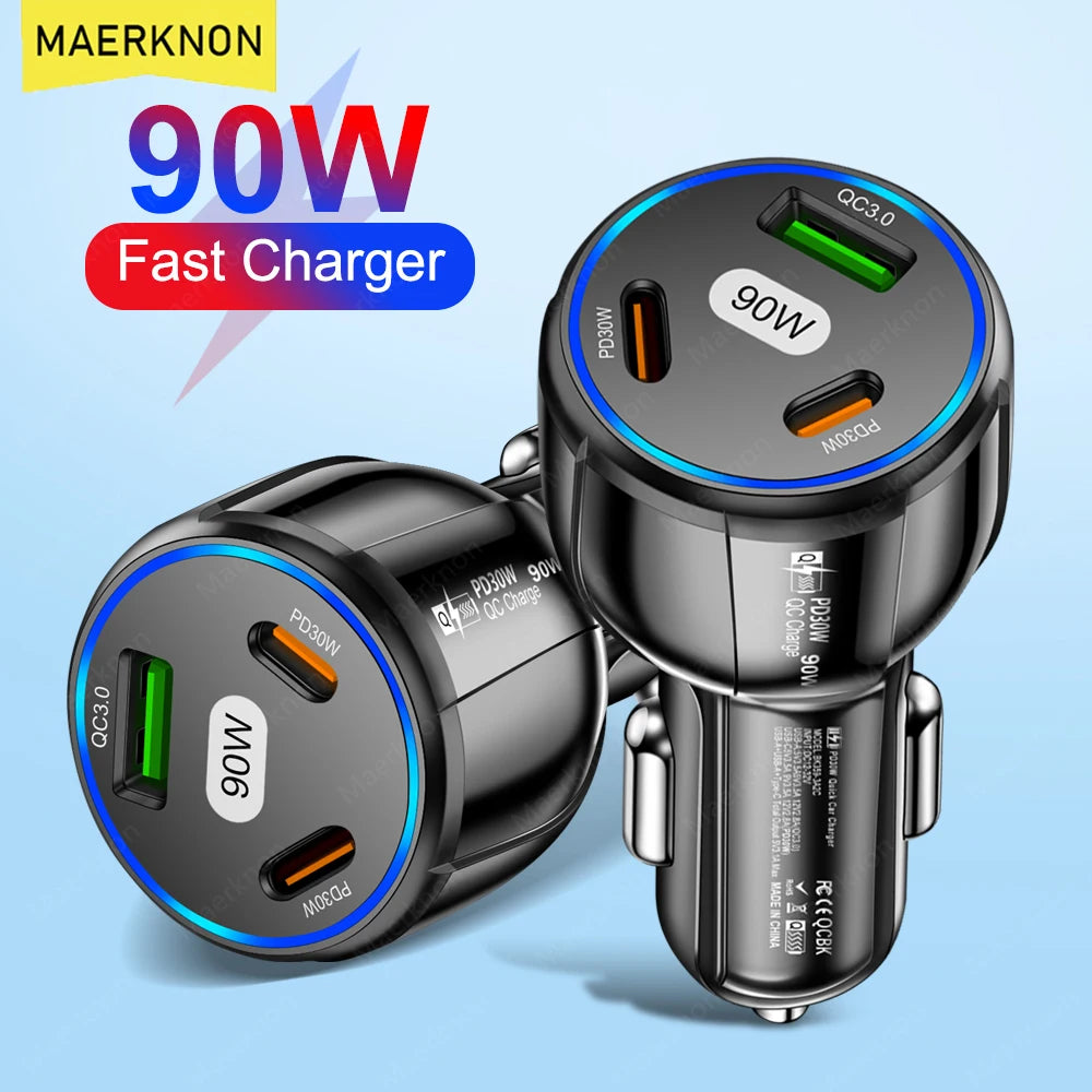 90W USB Car Charger 3 Port PD Type C  Quick Charge Charger In Car.