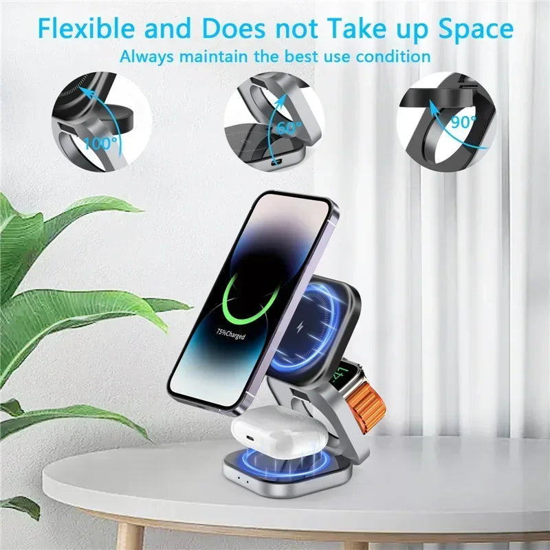 Foldable 3 In 1 Fast Magnetic Wireless Charger Stand Pad Magnet Wireless Charging Station For iPhone/Samsung Galaxy Phone Watch.