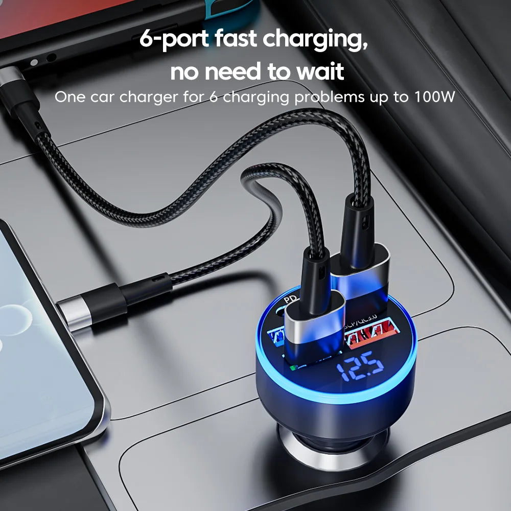 100W 6 Ports Car Charger Fast Charging USB Type C Car Lighter PD QC3.0 Car Phone Charger.