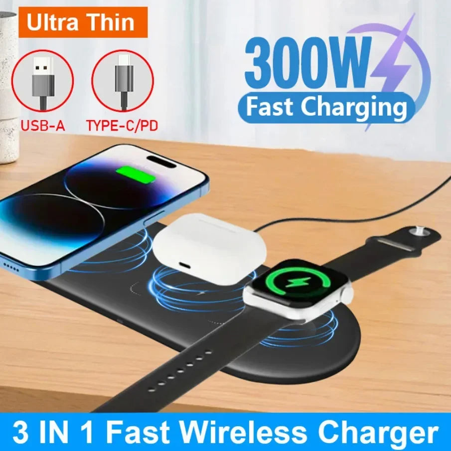 300W 3 In 1 Wireless Charger Stand Pad Super Fast Charging Dock Station for Apple Devices.
