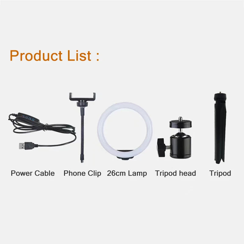 26cm 10 inch Led Ring Selfie Light Dimmable Photography Lighting Kit Usb Charge Lamp With Tripod For Live Video 120 Lamp Beads.
