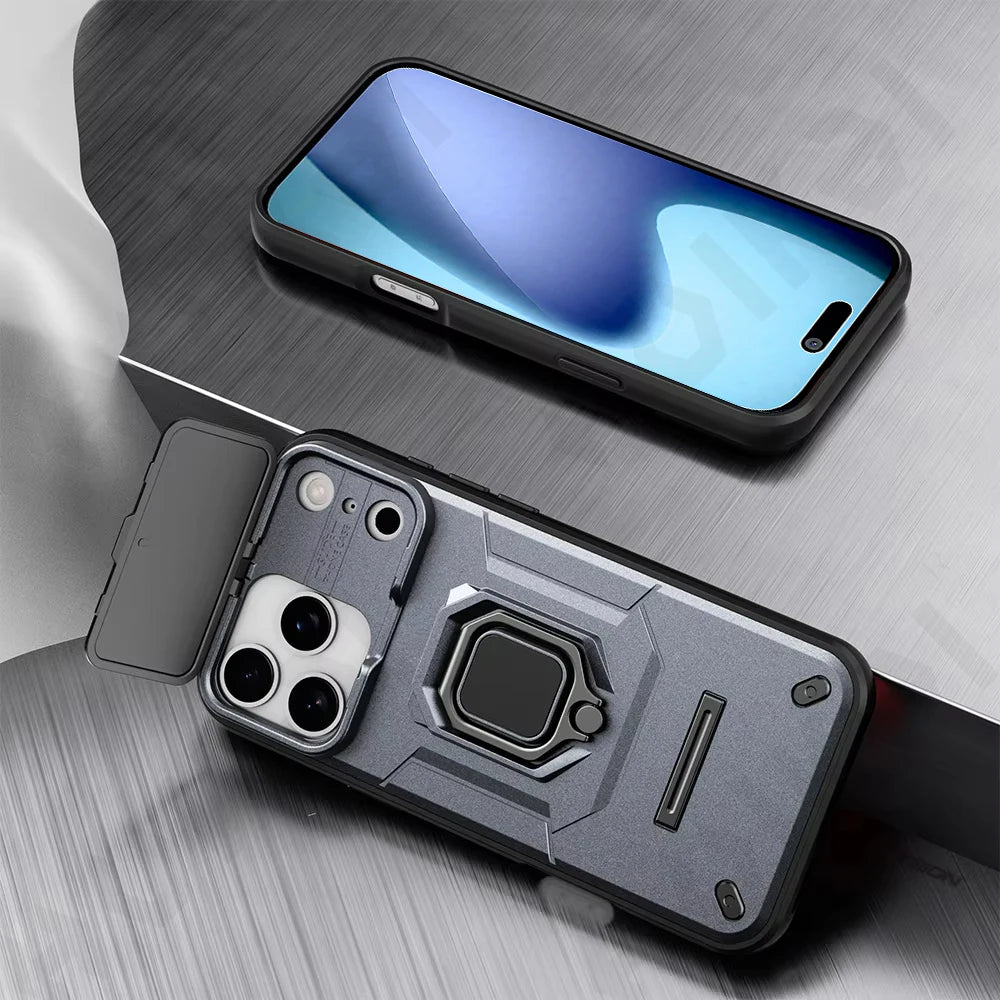 Case for iPhone Slide Camera Ring Stand Armor Anti-fall Protection Kickstand Cover.