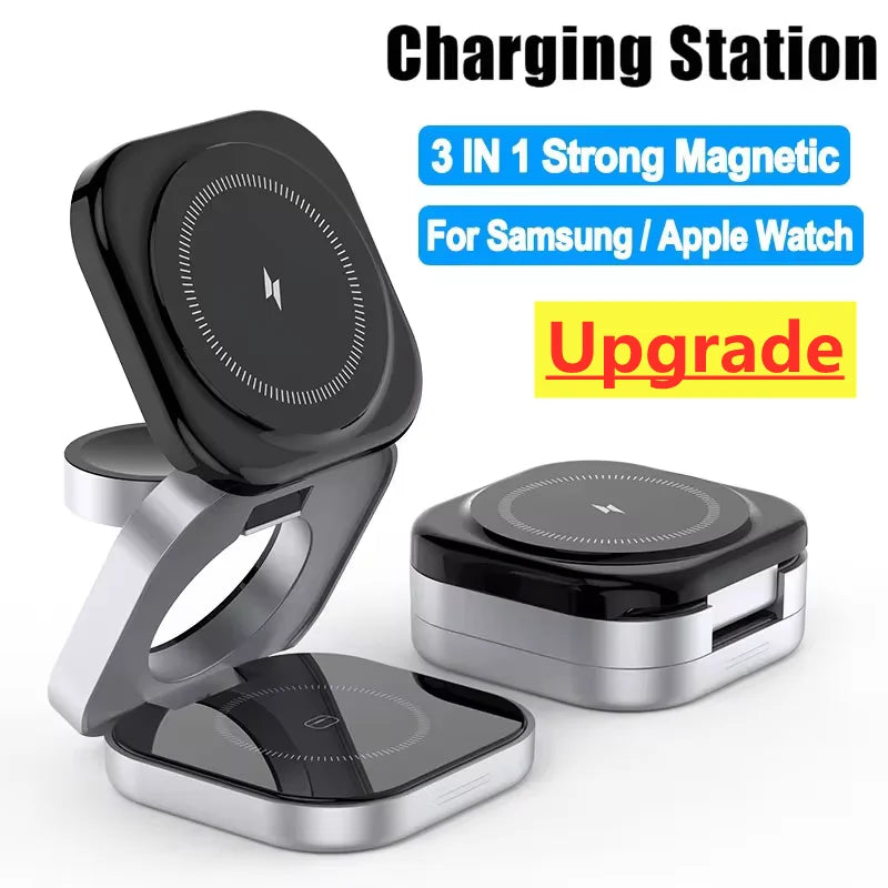 Foldable 3 In 1 Fast Magnetic Wireless Charger Stand Pad Magnet Wireless Charging Station For iPhone/Samsung Galaxy Phone Watch.