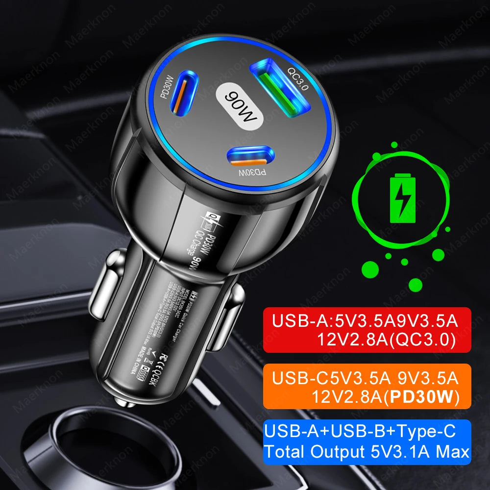 90W USB Car Charger 3 Port PD Type C  Quick Charge Charger In Car.
